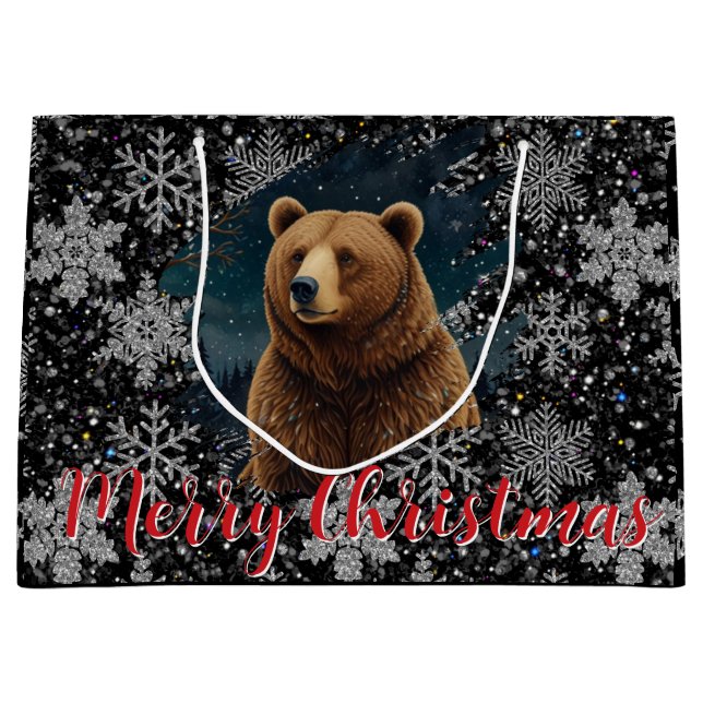 Retro Christmas bear midnight snowy landscape Large Gift Bag (Front)