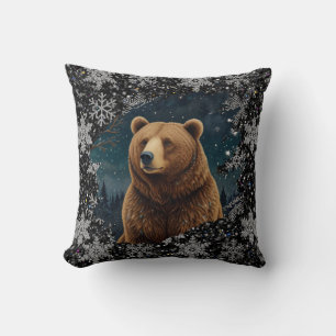 Retro Christmas bear midnight snowy landscape Throw Pillow