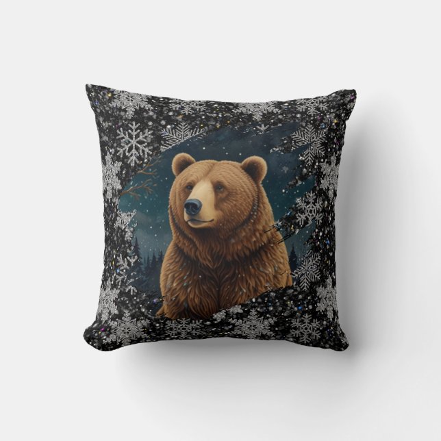 Retro Christmas bear midnight snowy landscape Throw Pillow (Front)