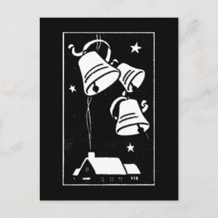 Retro Christmas Bells and House Holiday Postcard