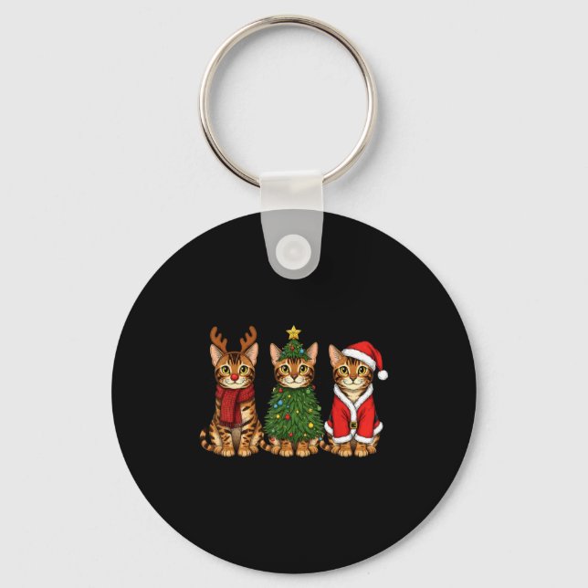 Retro Christmas Bengal Cat Santa Reindeer  Keychain (Front)