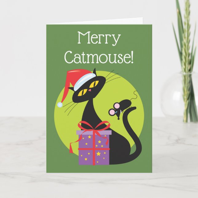 Retro Christmas Black Cat Black Mouse Holiday Card (Front)