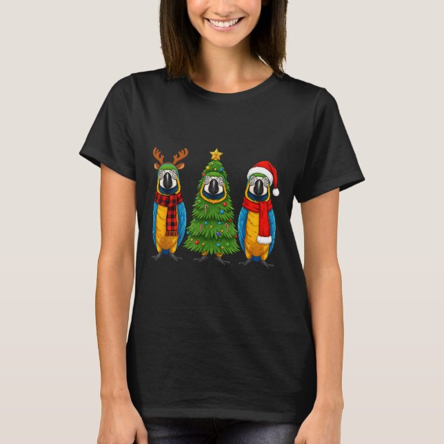 Retro Christmas Blue And Yellow Macaw Parrot Santa T-Shirt (Front)