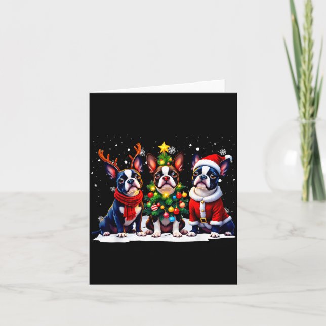 Retro Christmas Boston Terrier Santa Reindeer Dog  Card (Front)