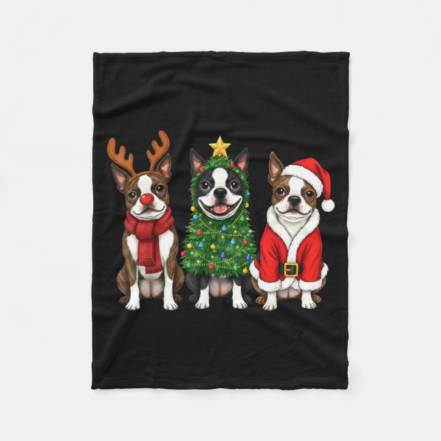 Retro Christmas Boston Terrier Santa Reindeer Dog  Fleece Blanket (Front)