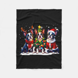 Retro Christmas Boston Terrier Santa Reindeer Dog  Fleece Blanket
