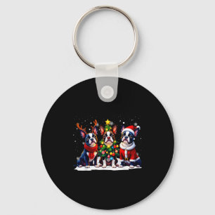 Retro Christmas Boston Terrier Santa Reindeer Dog Keychain