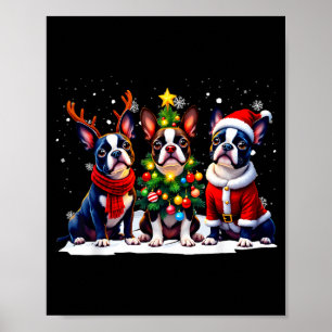 Retro Christmas Boston Terrier Santa Reindeer Dog  Poster