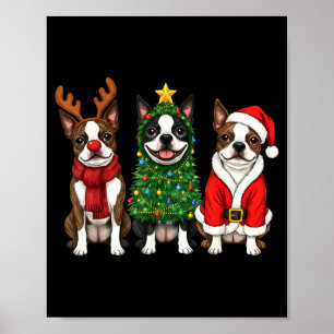 Retro Christmas Boston Terrier Santa Reindeer Dog  Poster