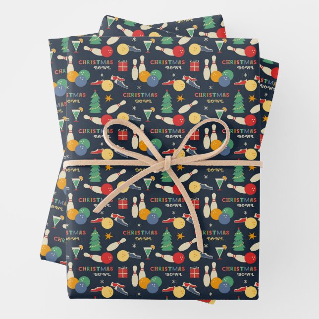 Retro Christmas Bowling Pattern Wrapping Paper Sheet (In situ)
