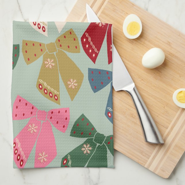 Retro Christmas Bows Coquette Kitchen Towel (Quarter Fold)