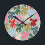Retro Christmas Bows Coquette Round Clock<br><div class="desc">Colourful Christmas Bows - Coquette Ribbons – Mint Green Background.</div>
