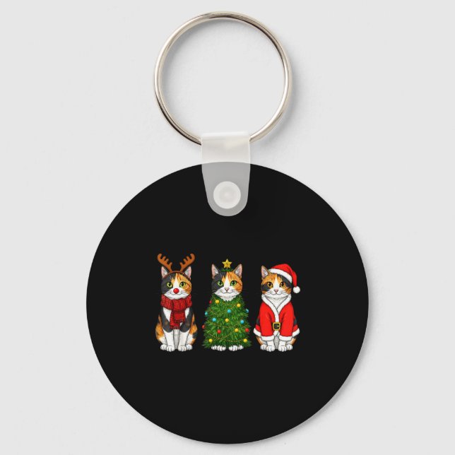 Retro Christmas Calico Cat Santa Reindeer  Keychain (Front)
