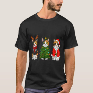 Retro Christmas Calico Cat Santa Reindeer  T-Shirt