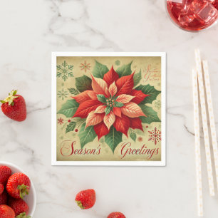Retro Christmas Card Style Poinsettia Decoupage Napkin
