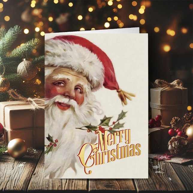 Retro Christmas Card Vintage Merry Christmas (Vintage Christmas cards gold foil Christmas card with retro Santa Claus)