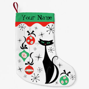 Retro Christmas Cat Name 2-sided Small Christmas Stocking