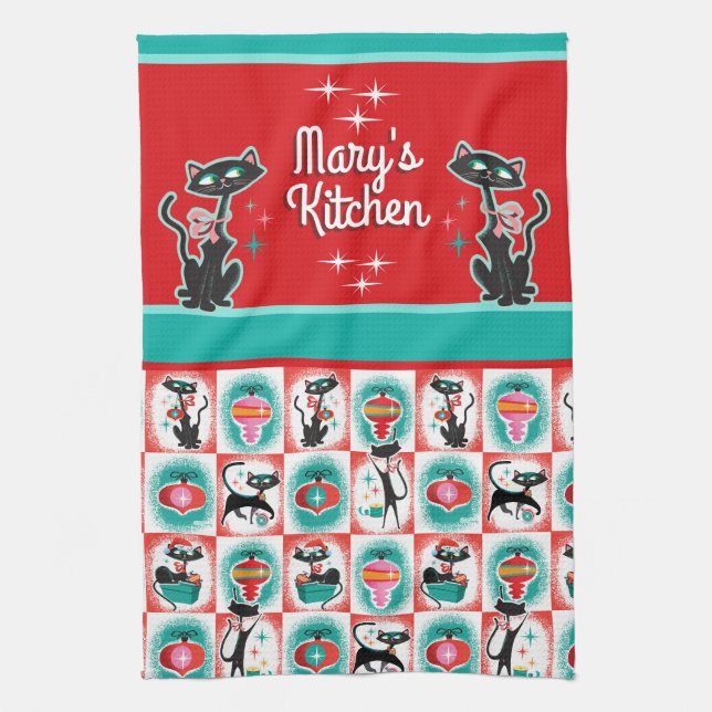Retro Christmas Cats - Customizable  Kitchen Towel (Vertical)