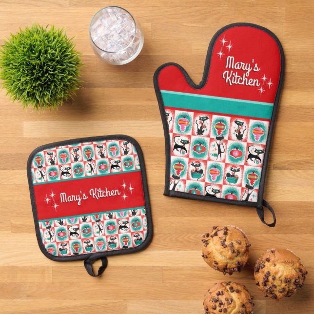 Retro Christmas Cats - Customizable  Oven Mitt & Pot Holder Set (Top Down)