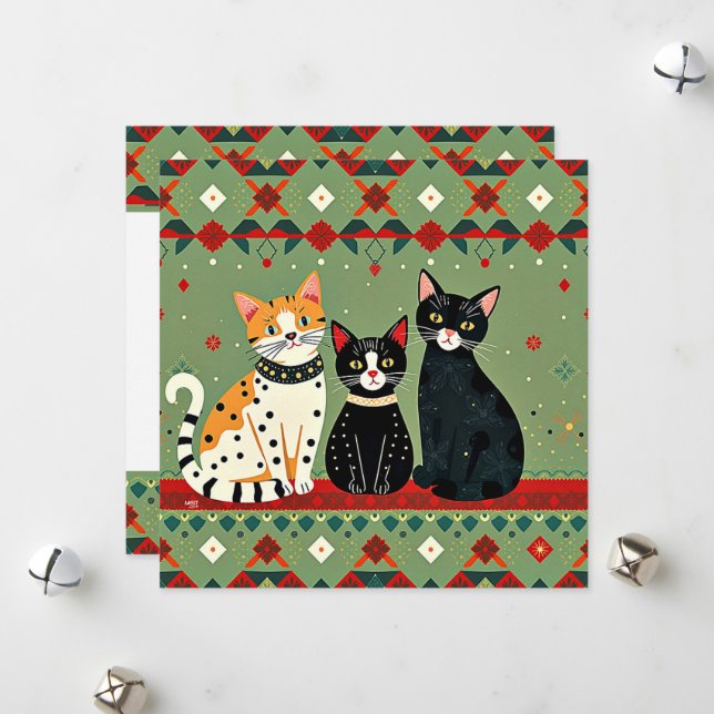 Retro Christmas cats Holiday Card (Front/Back In Situ)