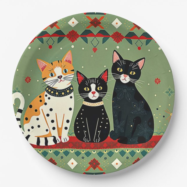 Retro Christmas cats Paper Plate (Front)