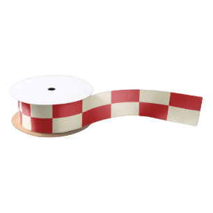 Retro Christmas Checkered Red Cream Pattern Satin Ribbon