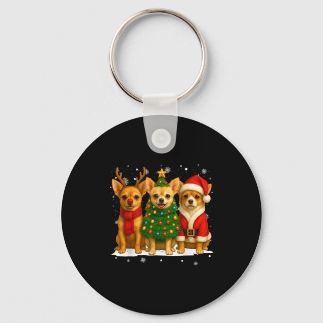 Retro Christmas Chihuahua Santa Reindeer Dog Lover Keychain (Front)