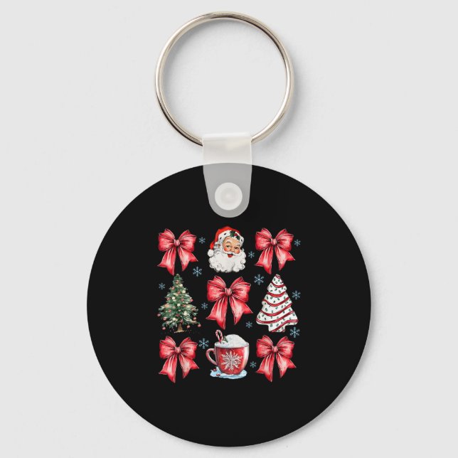 Retro Christmas Coquette Bow Santa Coffee Cake Hol Keychain (Front)
