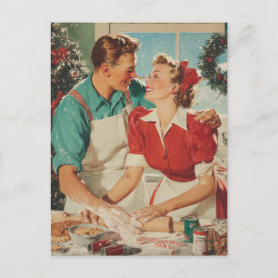 Retro Christmas Couple Baking Love Holiday Postcard