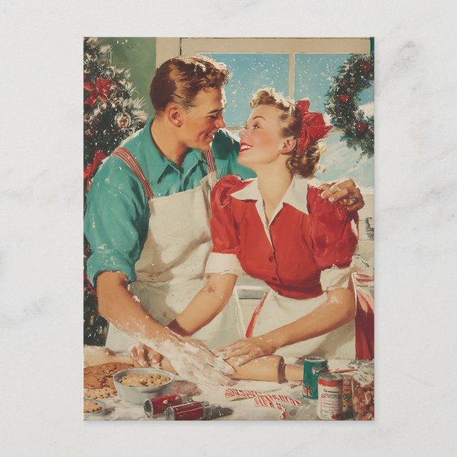 Retro Christmas Couple Baking Love Holiday Postcard (Front)