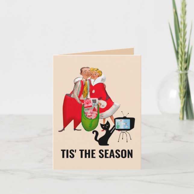 RETRO CHRISTMAS COUPLE & CAT GREETING CARTE (Devant)