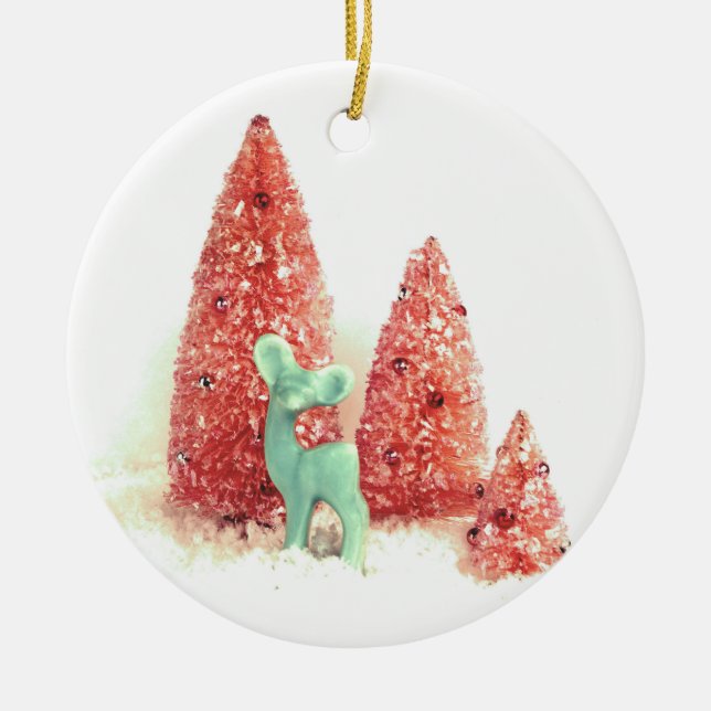 Retro Christmas Deer Ceramic Ornament (Front)