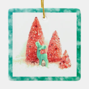 Retro Christmas Deer with Aqua Frame Ceramic Ornament