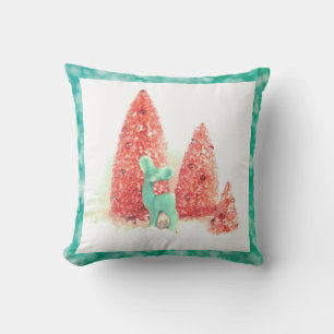 Retro Christmas Deer with Aqua Frame Throw Pillow