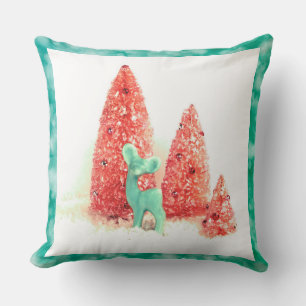 Retro Christmas Deer with Aqua Frame Throw Pillow