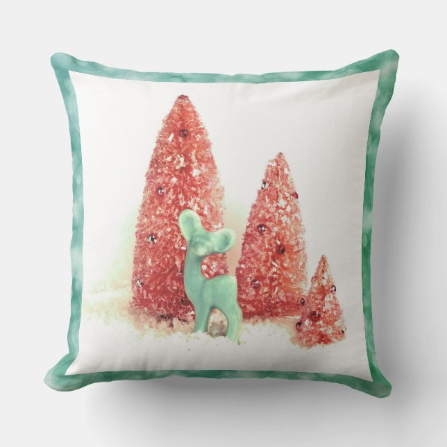 Retro Christmas Deer with Aqua Frame Throw Pillow (Front)