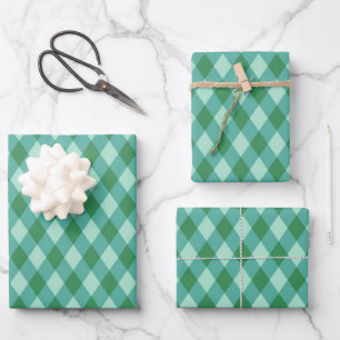 Retro Christmas Diamond Plaid - Green & Turquoise Wrapping Paper Sheet