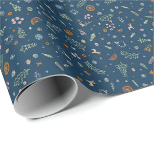 Retro Christmas Doodles Toss in Deep Indigo Blue Wrapping Paper