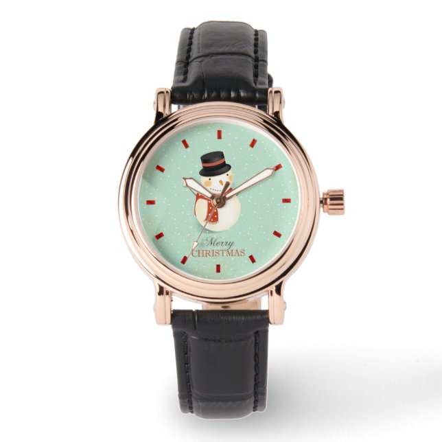 Retro Christmas Femmes de cuir noir Montre (Recto)