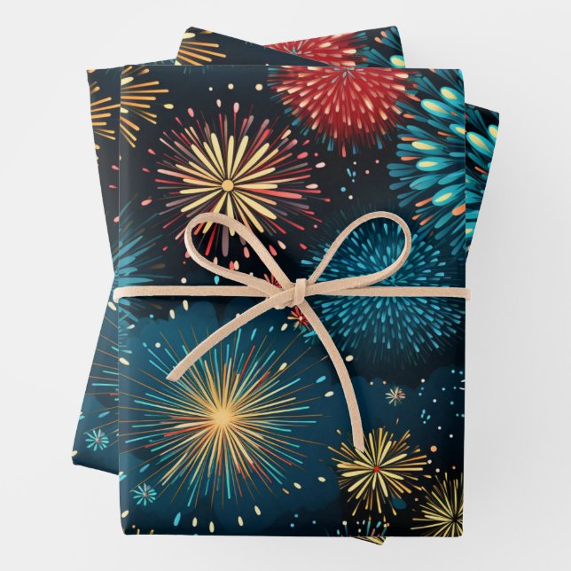 Retro Christmas Fireworks Wrapping Paper Sheet (In situ)