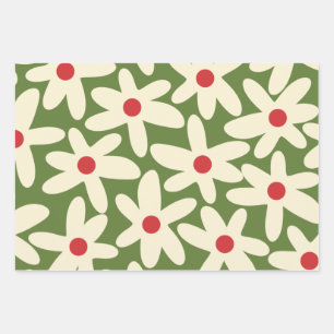 Retro Christmas Floral Daisy Pattern Wrapping Paper Sheet