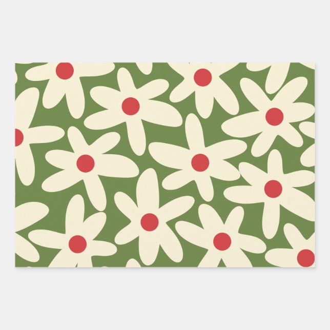 Retro Christmas Floral Daisy Pattern Wrapping Paper Sheet (Front)