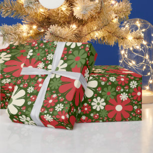 Retro Christmas Floral Fantasy Pattern Red Green Wrapping Paper