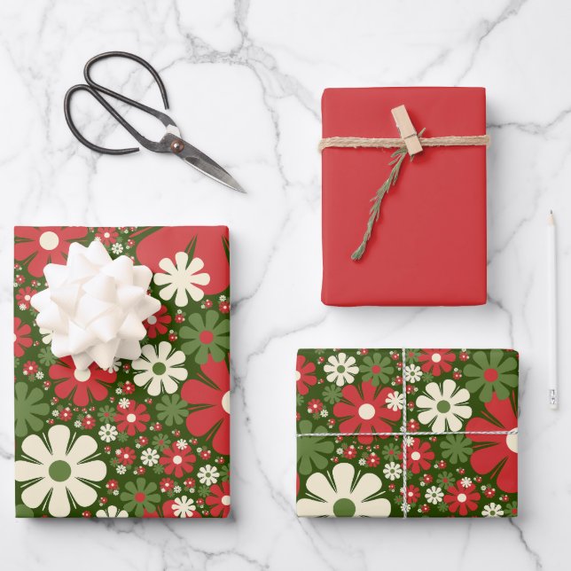 Retro Christmas Floral Fantasy Pattern Red Green Wrapping Paper Sheet (Front)