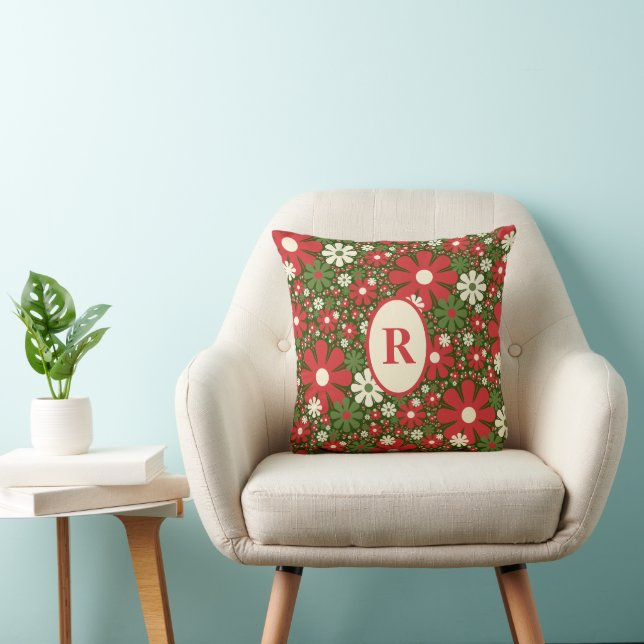 Retro Christmas Floral Fantasy Pattern w/ Initial Throw Pillow (Chair)