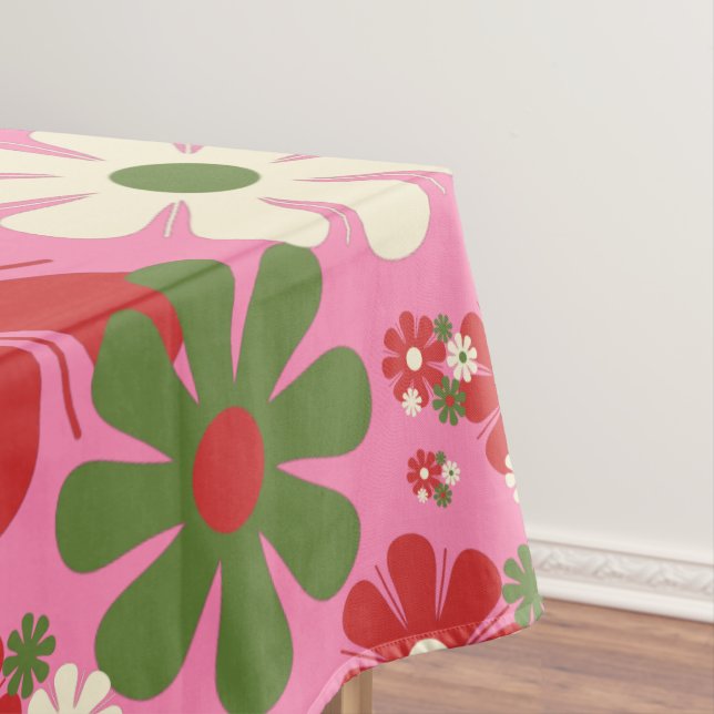 Retro Christmas Flowers 60s 70s Floral on Pink Tablecloth (In Situ)