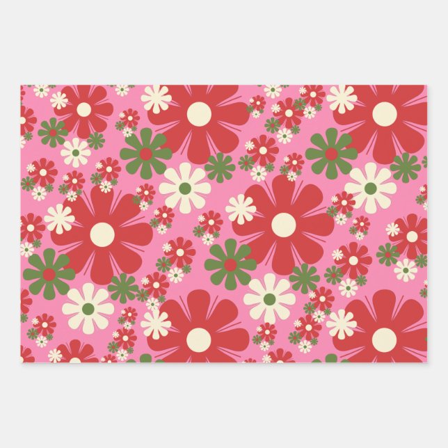 Retro Christmas Flowers 60s 70s Floral on Pink Wrapping Paper Sheet (Front)