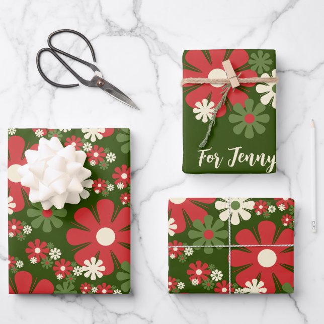 Retro Christmas Flowers 60s 70s Florals with Name Wrapping Paper Sheet (Front)