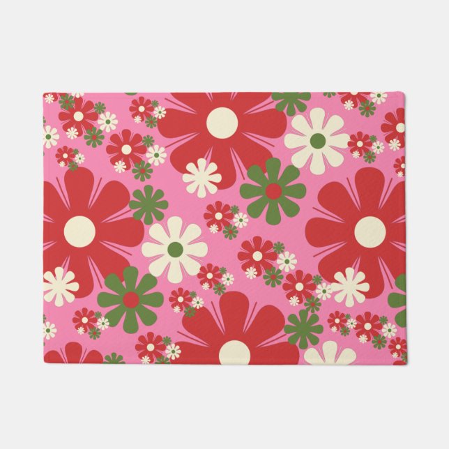 Retro Christmas Flowers 60s 70s Pink Floral Doormat (Front)