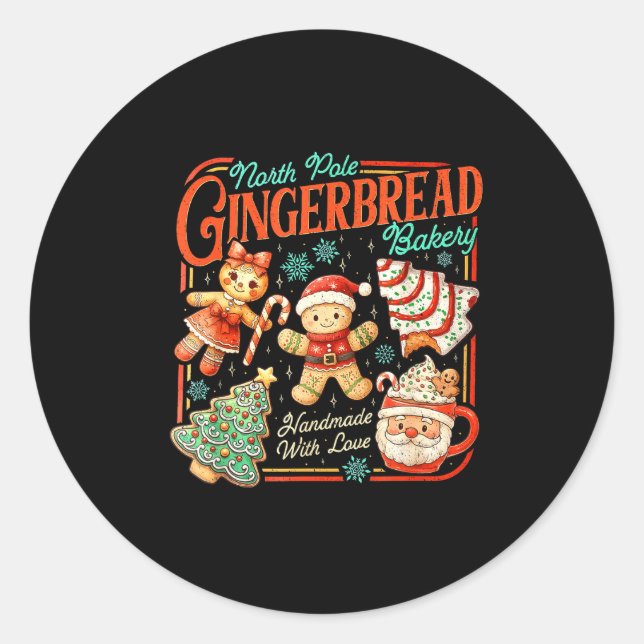 Retro Christmas Gingerbread Bakery North Le Cookie Classic Round Sticker (Front)